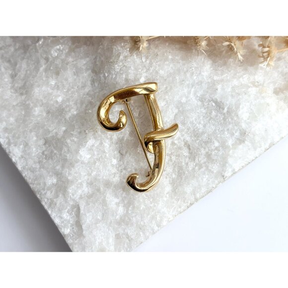 Anne Klein letter "F" Gold Toned Costume Jewelry Brooch | Lapel Pin - Picture 2 of 10